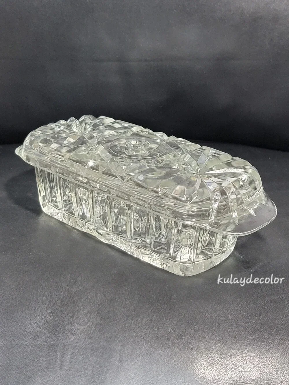 Vintage Anchor Hocking Pressed Glass Covered Butter Dish Star of David Pattern
